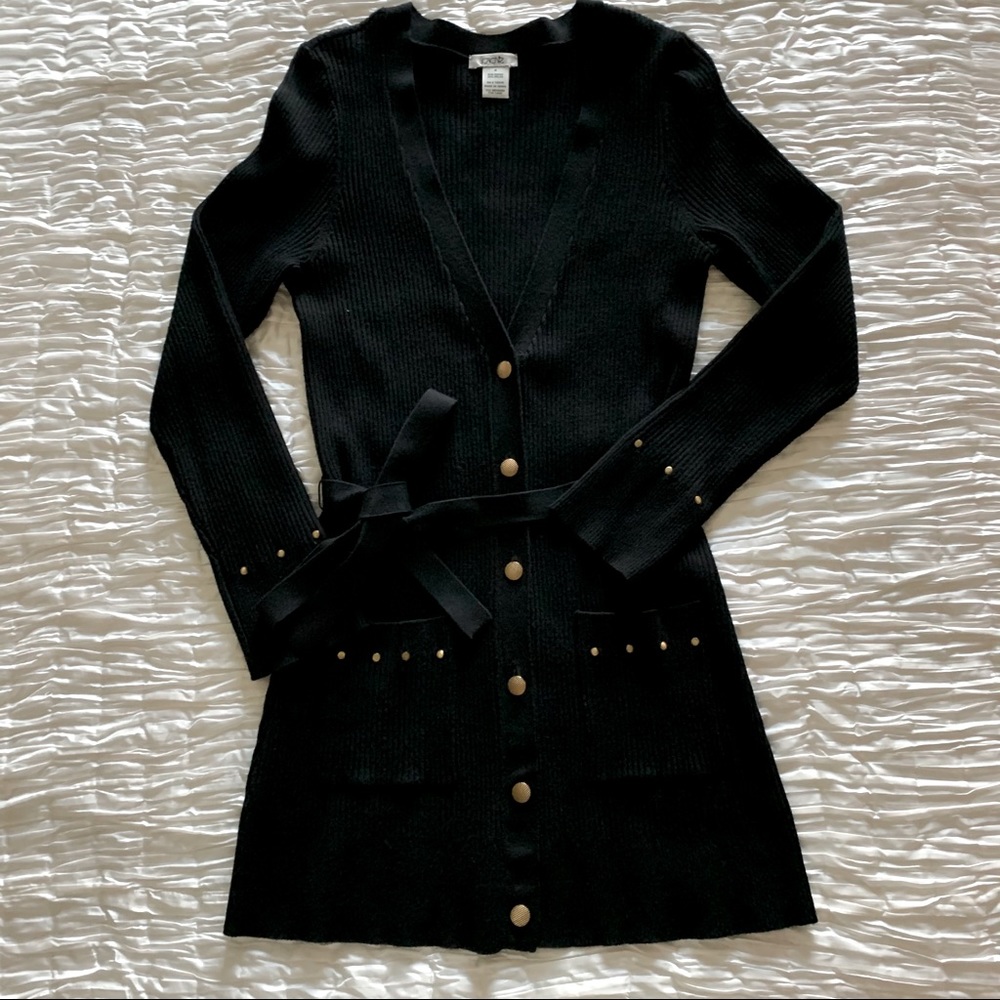 Cache Long Black Cardigan with Gold Studs